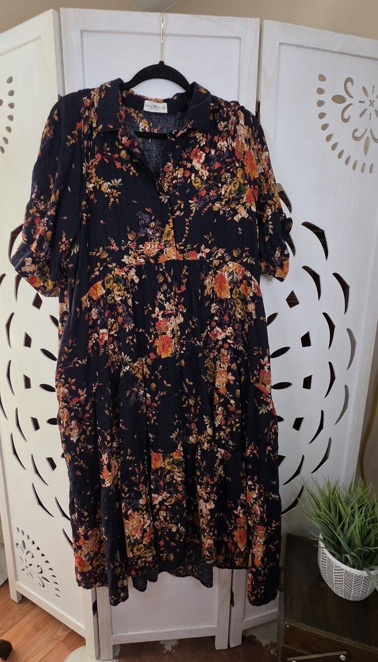 Natural Life Women's Dress Blue with Orange Flowers Maxi with Pockets Size XXL